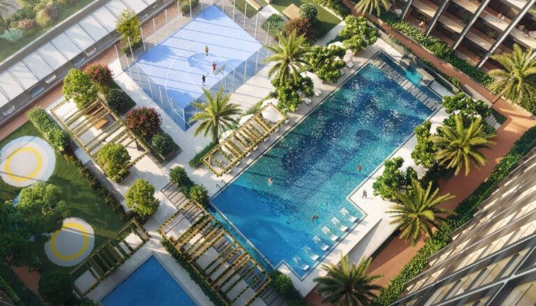 Luxury swimming pool and football play area with modern amenities