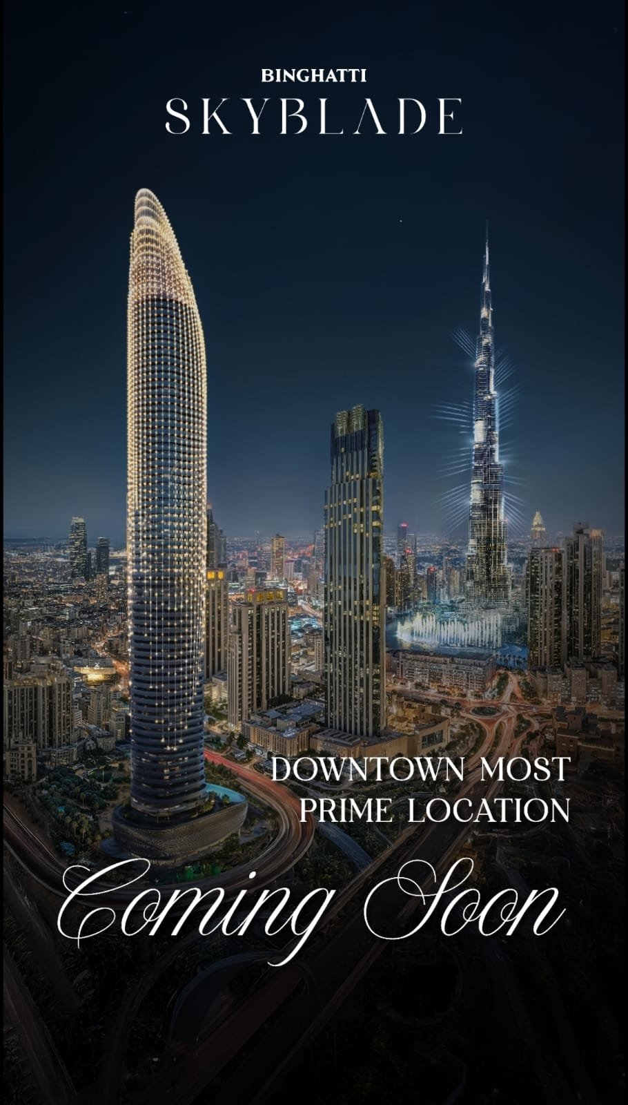 Illuminated luxury tower glowing against the night cityscape