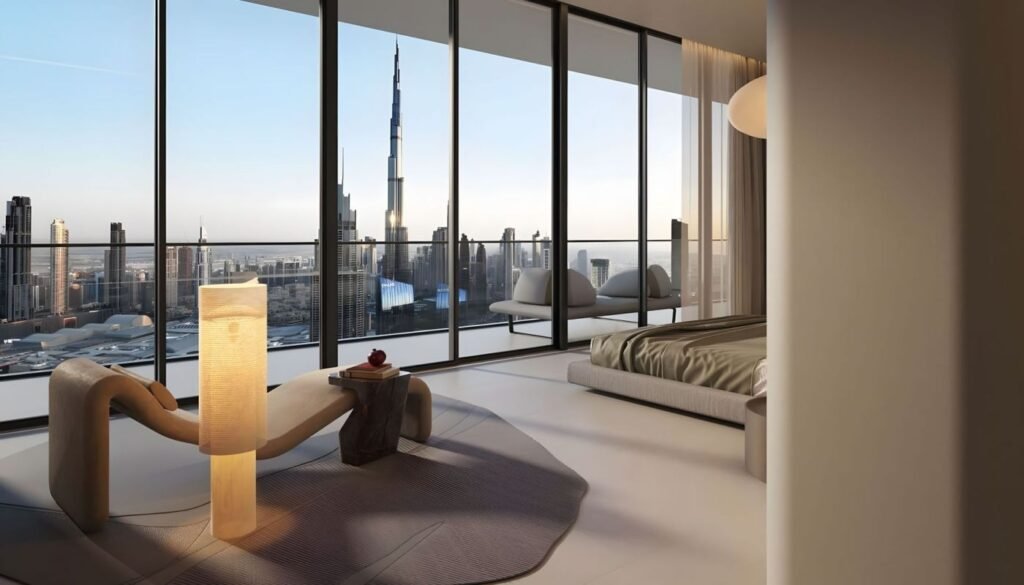 Luxury bedroom with panoramic outdoor view of surrounding towers